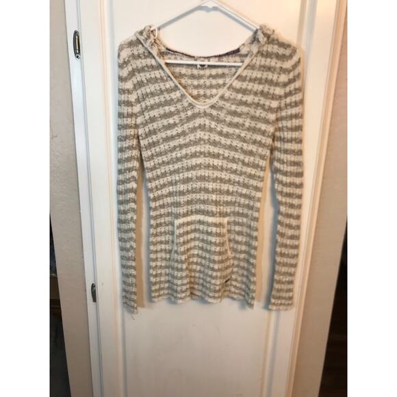 Roxy striped v-neck knit pullover hooded sweater - Picture 1 of 11